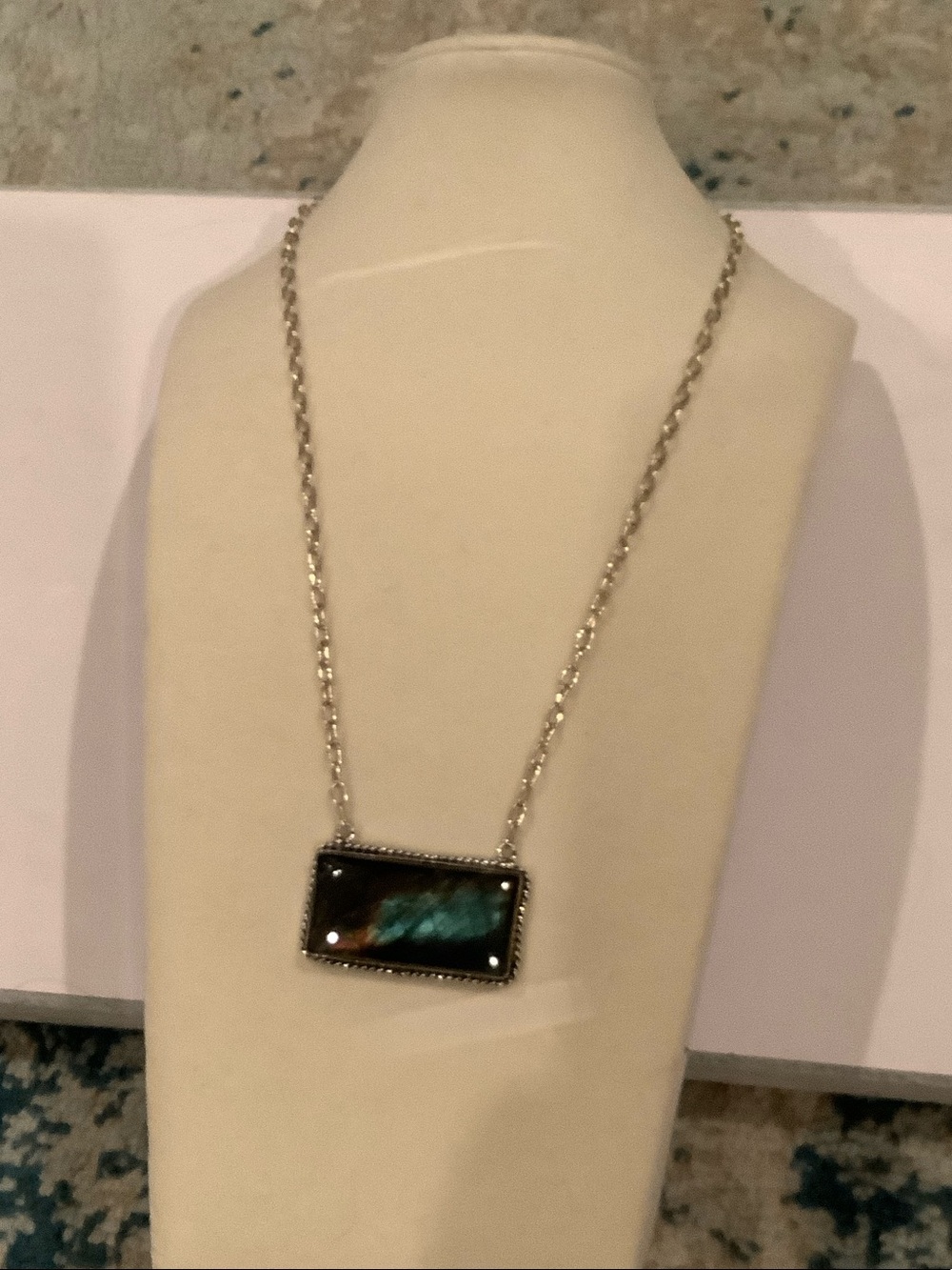 Silver Necklace with Rectangular Labradorite Pendant - Women Jewelry